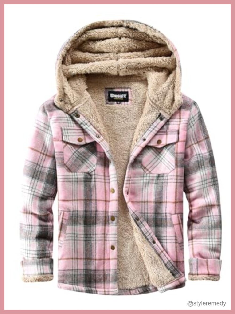 Women Fleece Flannel Plaid Hooded Button Down Jacket Sherpa Lined